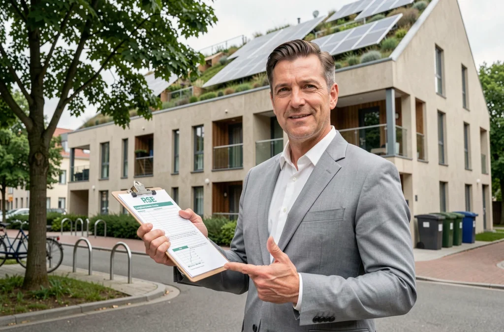 Responsable immobilier sur le terrain évaluant les critères RSE d'un immeuble résidentiel à toiture végétalisée