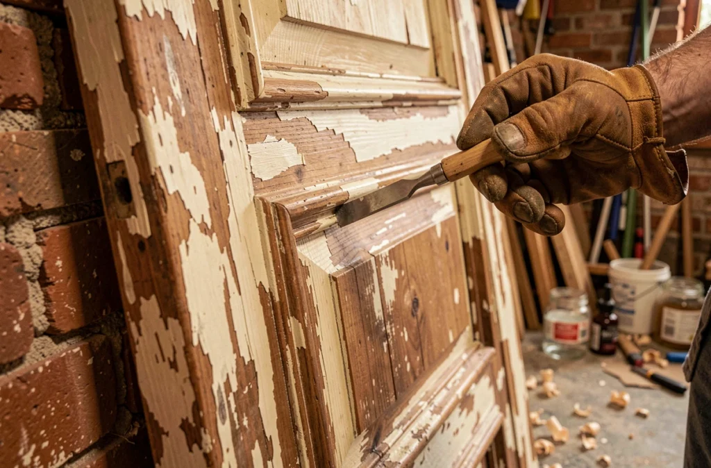 Restauration d'une porte ancienne en bois avec moulures sculptées dans un atelier de rénovation du patrimoine