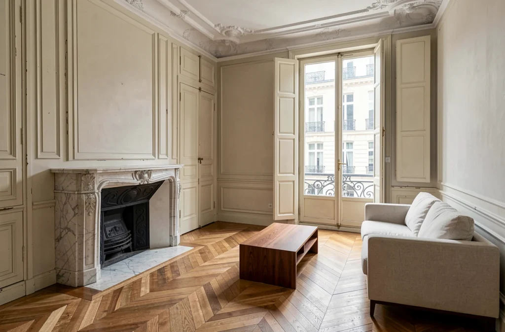 Salon rénové dans un appartement ancien parisien mêlant moulures d'époque, parquet point de Hongrie et mobilier contemporain