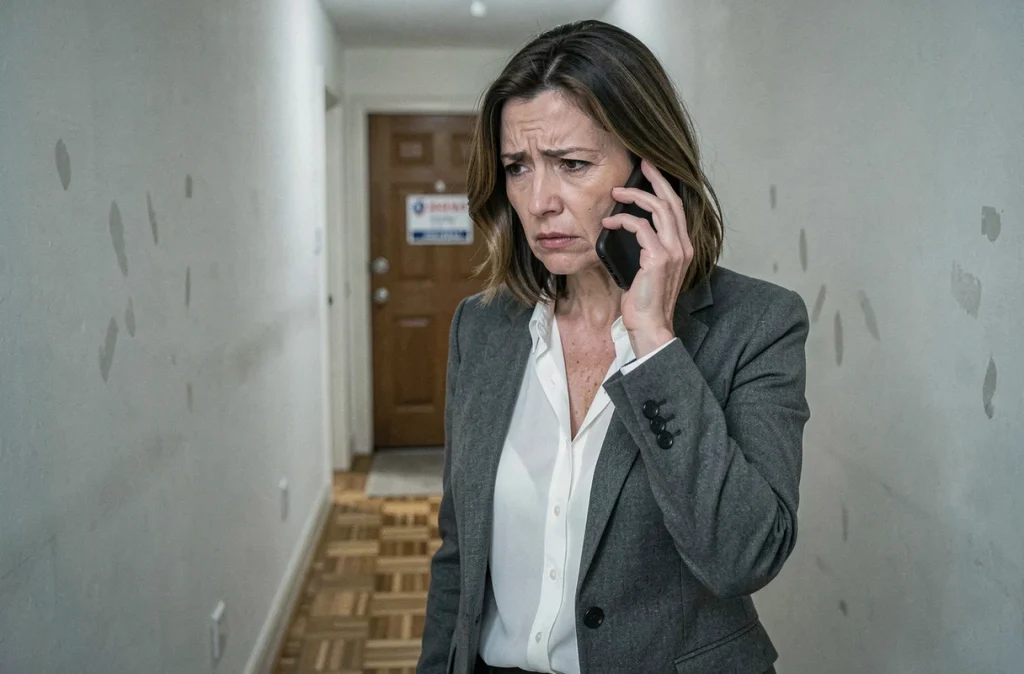 Vendeuse immobilière anxieuse au téléphone dans une maison vide suite à une accusation de vice caché