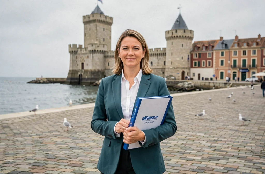 Gestionnaire d'Ardouin Immobilier sur le vieux port de La Rochelle avec les tours historiques en arrière-plan