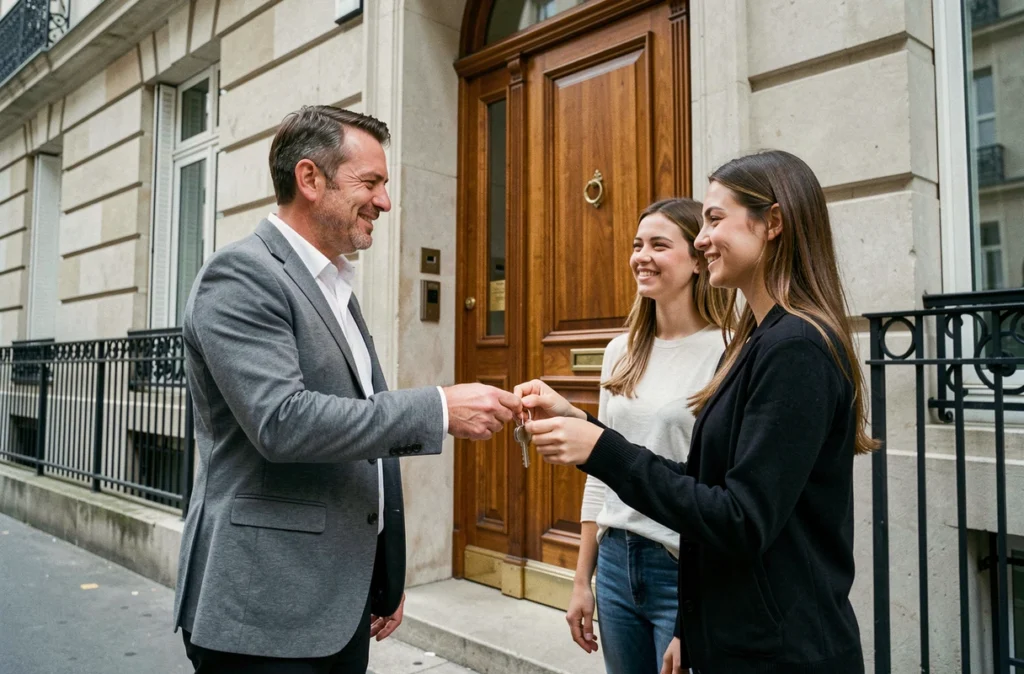 Propriétaire bailleur remettant les clés d'un appartement à un couple de locataires devant un immeuble haussmannien