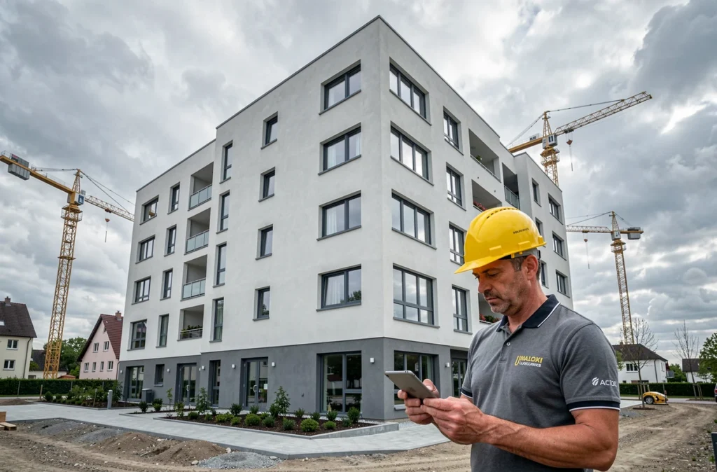 Complexe résidentiel récemment livré par Bouygues Immobilier près de Strasbourg, avec un chef de chantier consultant une tablette sur site