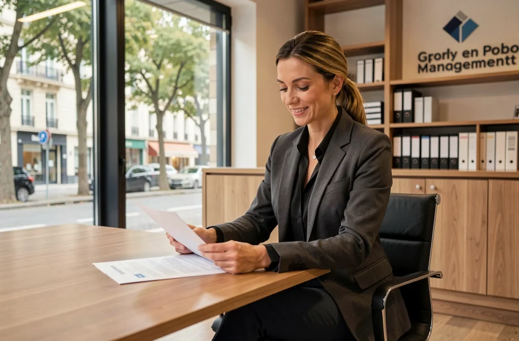 Gestionnaire du Cabinet Demons en train de consulter des documents de copropriété dans leur bureau à Bordeaux