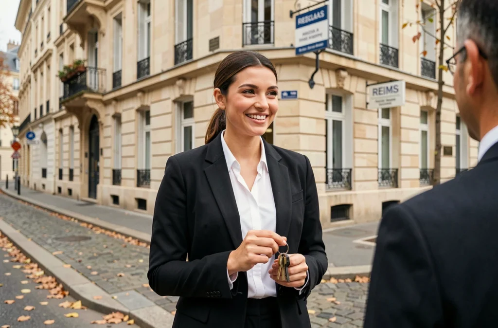 Agente immobilière de Century 21 Reims tenant des clés devant un immeuble haussmannien dans une rue du centre de Reims