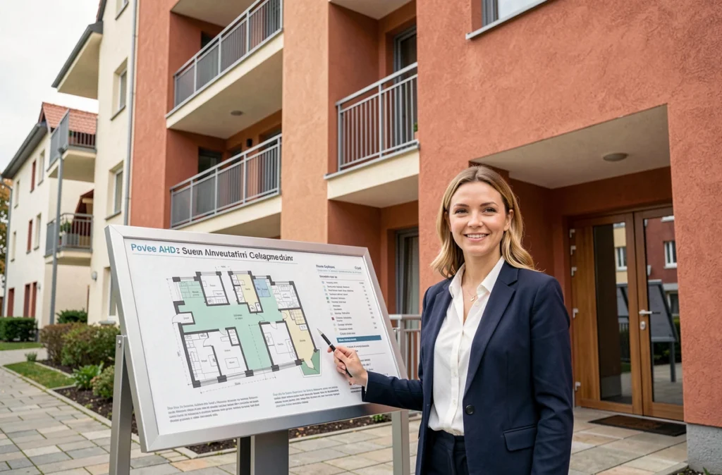 Immeuble résidentiel contemporain de Cogédim dans le quartier urbain de Strasbourg, avec une conseillère immobilière présentant les plans de vente