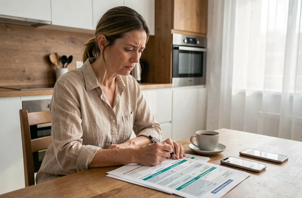 Femme comparant des taux de crédit immobilier sur un tableau à son domicile en 2026