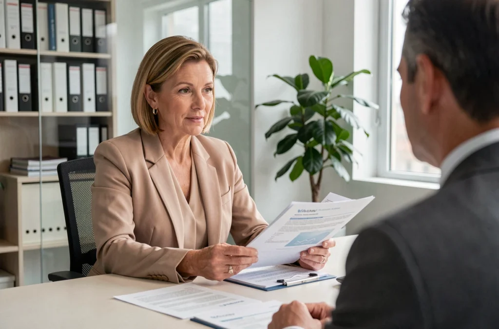Conseillère en assurance habitation expliquant la responsabilité civile à un client