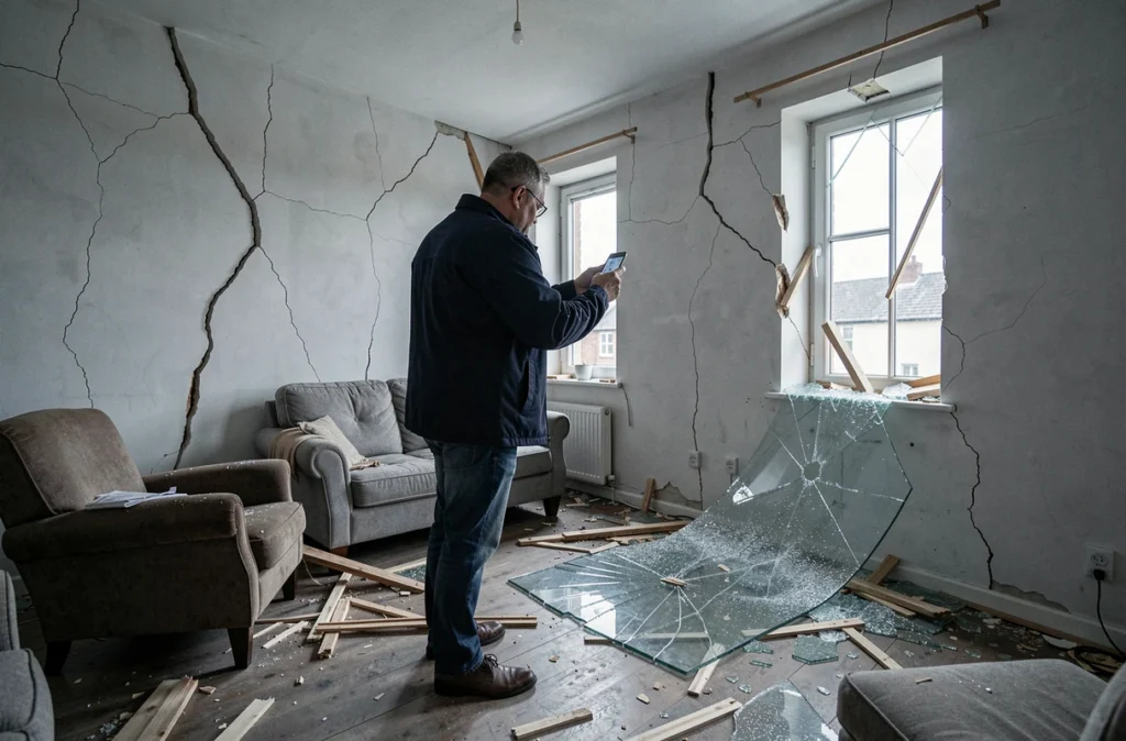 Propriétaire documentant les dégâts d'un sinistre dans son salon pour sa déclaration d'assurance habitation