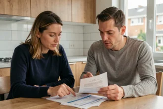 Couple examinant leur contrat d'assurance habitation dans un appartement d'Argenteuil