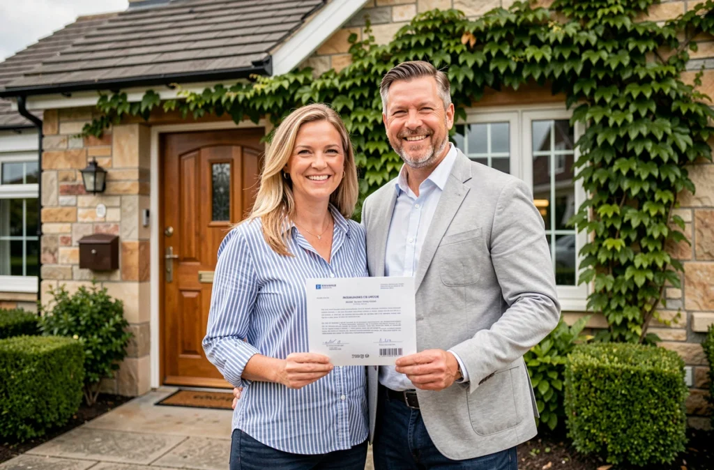 Couple tenant un contrat d'assurance habitation devant leur maison individuelle