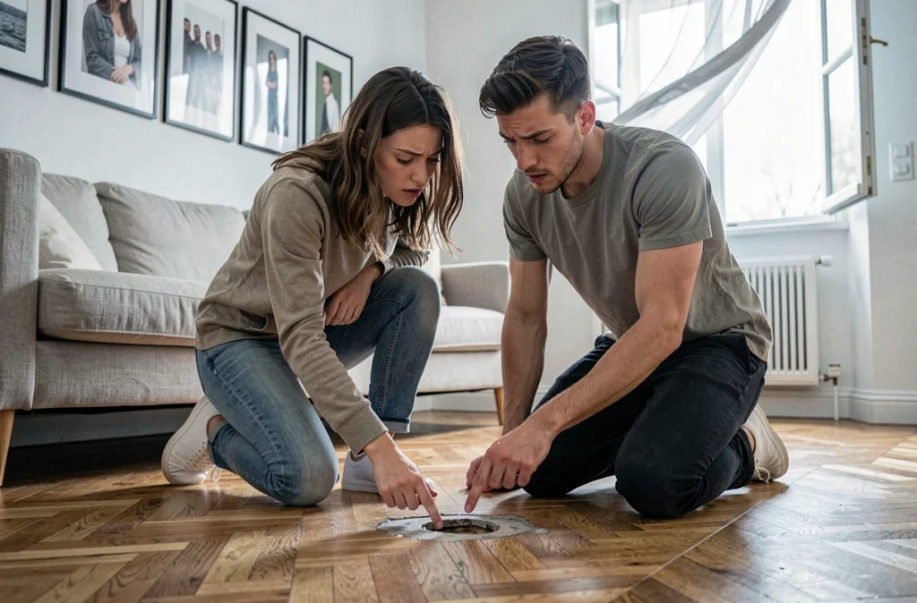 Couple constatant des dégâts des eaux dans leur appartement, sinistre assurance habitation
