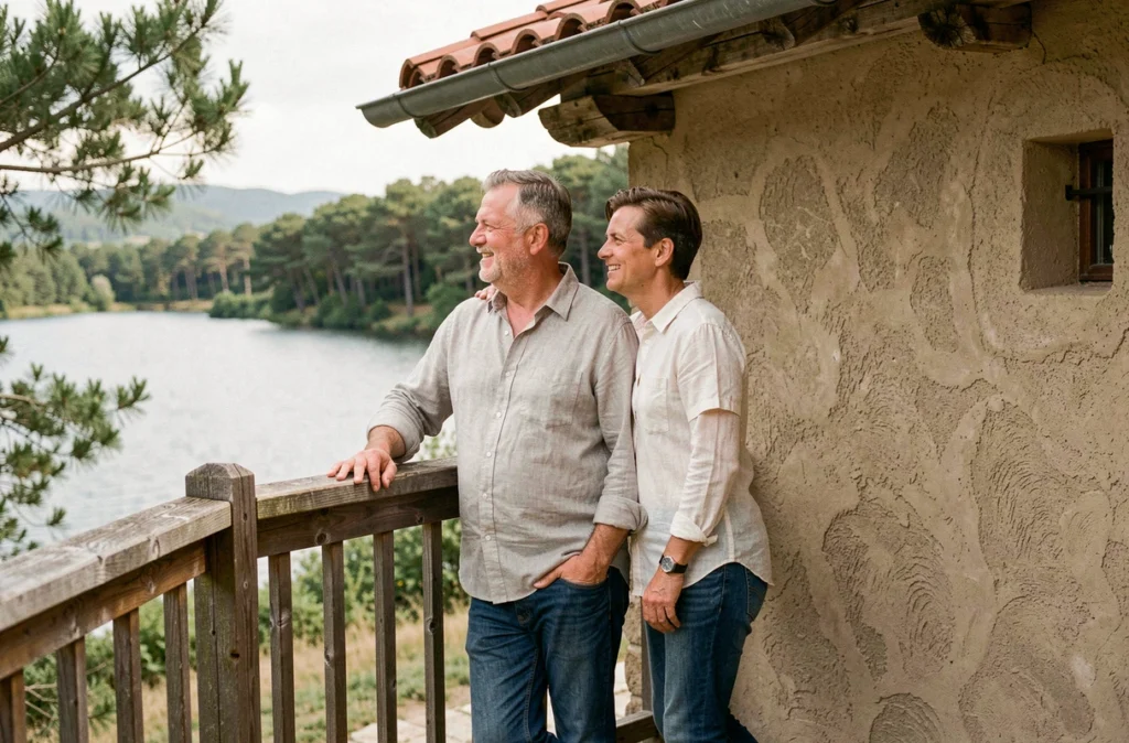 Couple regardant un lac depuis la terrasse d'une maison abordable à vendre en bord de lac en France