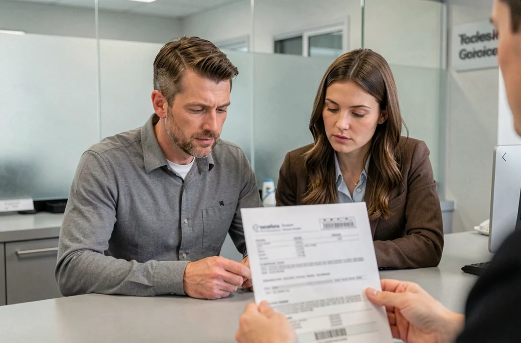 Couple en train de signer un dossier de prêt immobilier dans une agence bancaire en juin 2026