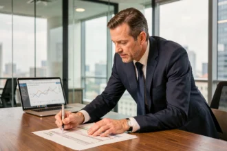 Courtier immobilier expliquant les taux de crédit à un client dans un bureau moderne en juin 2026