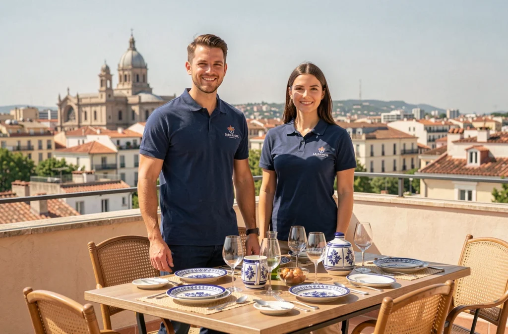 Équipe de la conciergerie Croceo sur une terrasse à Marseille avec vue sur Notre-Dame de la Garde