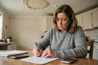 Femme remplissant un formulaire de déclaration de sinistre assurance habitation après un dégât des eaux dans sa cuisine