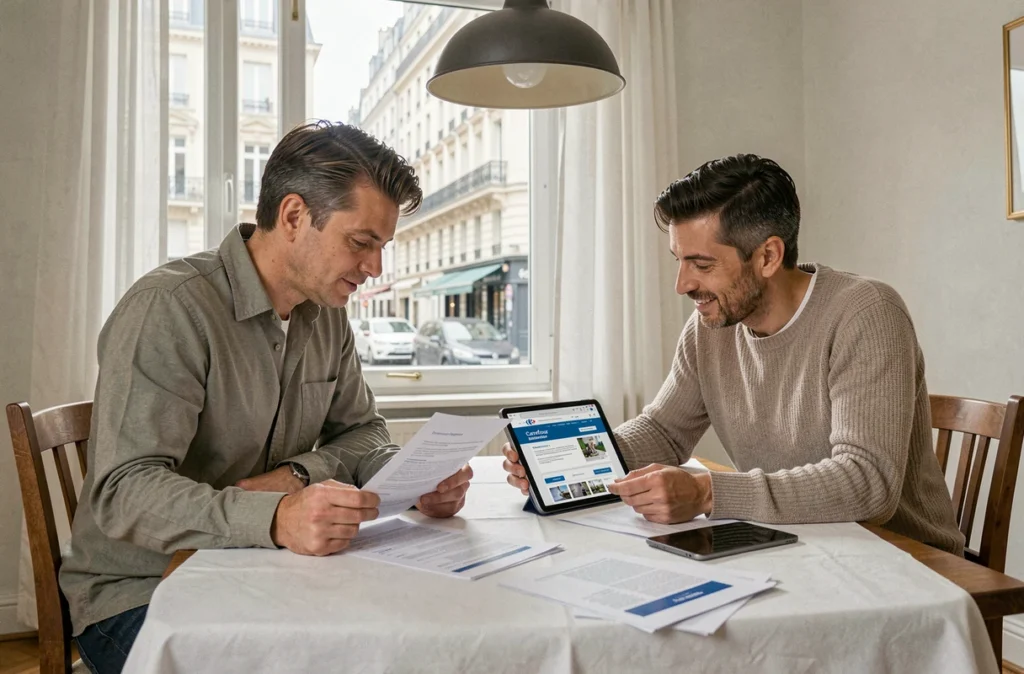 Couple comparant des devis d'assurance habitation Carrefour sur tablette et documents imprimés à la maison