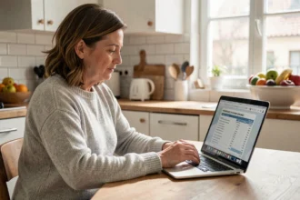 Femme demandant un devis d'assurance habitation en ligne sur un ordinateur portable dans sa cuisine