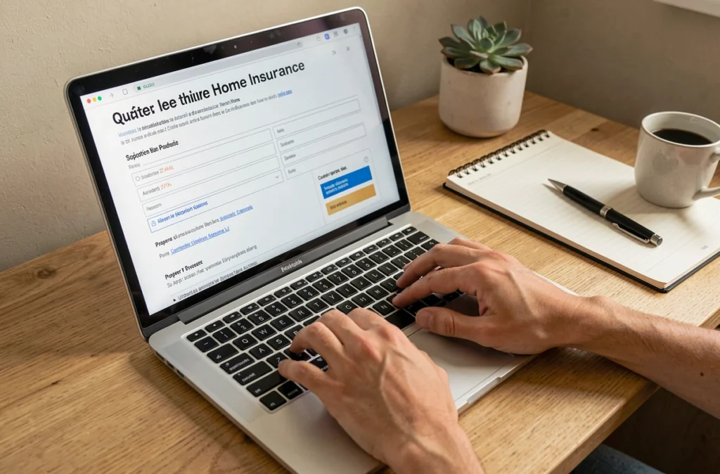 Gros plan sur les mains d'une personne remplissant un formulaire de devis d'assurance habitation en ligne sur ordinateur