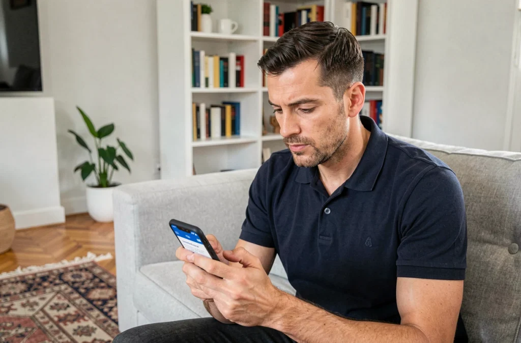 Homme consultant un devis d'assurance habitation Carrefour sur smartphone dans son salon