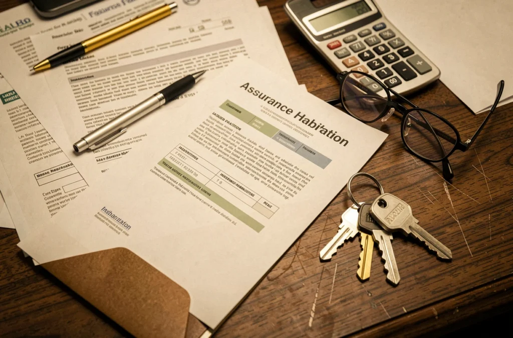 Documents d'assurance habitation, clés d'appartement et calculatrice posés sur un bureau en bois, illustrant les responsabilités d'assurance entre locataire et bailleur