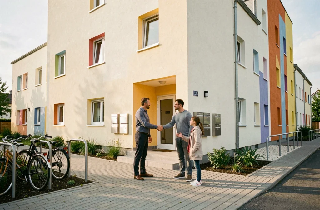Immeuble de logements abordables livré par Domial dans le Bas-Rhin, avec un conseiller habitat accueillant une jeune famille à l'entrée de la résidence