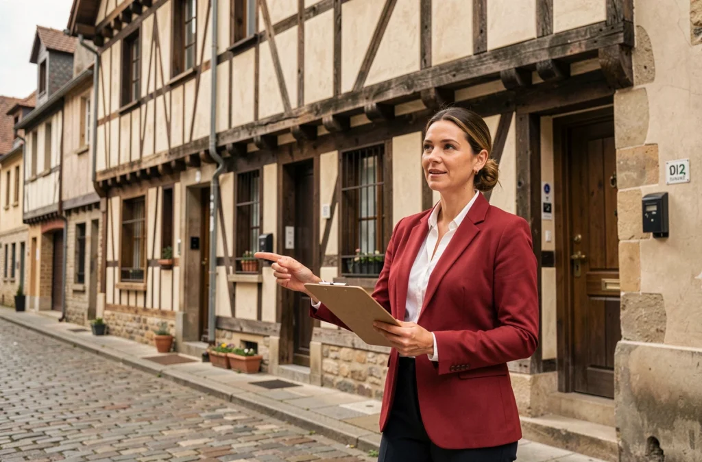 Agente d'ERA Immobilier Troyes présentant une maison à colombages rénovée à vendre dans les rues médiévales du centre historique de Troyes