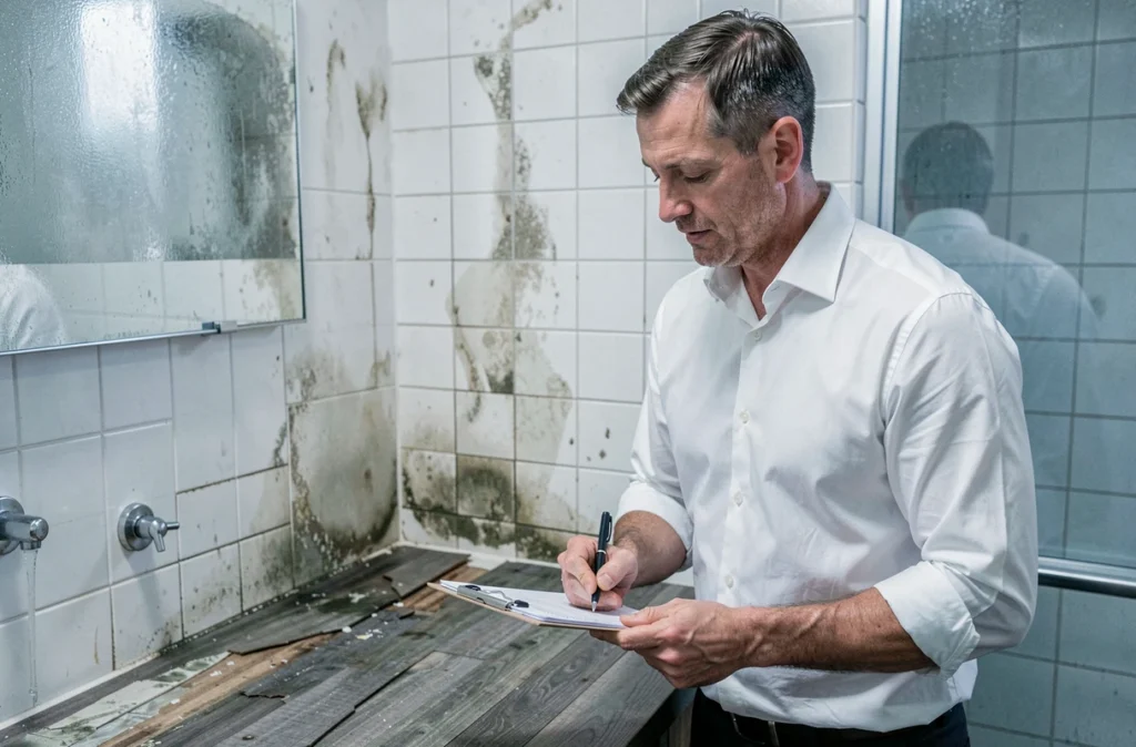 Expert en assurance inspectant les dégâts d'un sinistre dans une salle de bain lors d'une expertise habitation