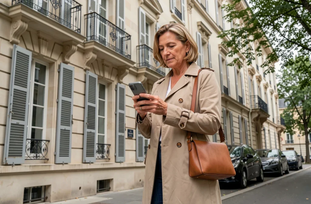 Femme consultant une assurance habitation sur smartphone devant un immeuble d'Argenteuil