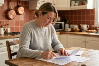 Femme consultant son contrat d'assurance habitation à la cuisine, responsabilité civile