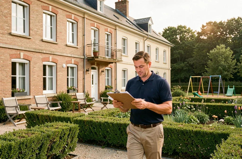 Résidence bien entretenue gérée par GIPA dans le Bas-Rhin avec un gestionnaire immobilier inspectant les espaces verts et communs