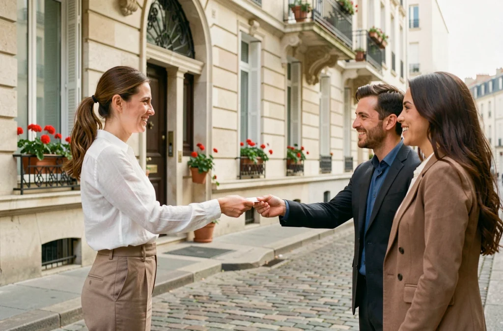 Gestionnaire HostnFly accueillant des voyageurs à l'entrée d'un appartement à Aix-en-Provence