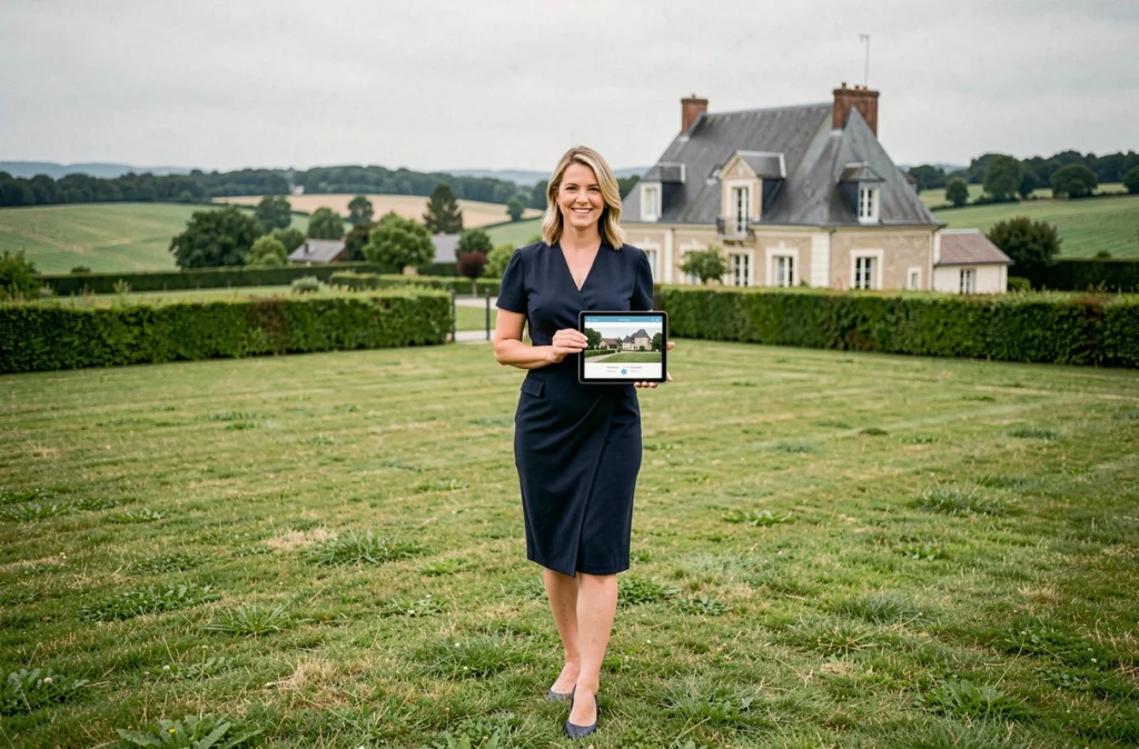 Agente IAD France Grand Est présentant une maison de maître dans un cadre rural verdoyant typique de la région Grand Est avec une tablette affichant des informations immobilières