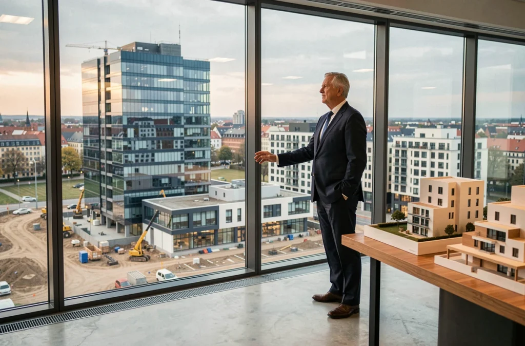 Développement immobilier mixte à grande échelle d'Icade à Strasbourg, avec un dirigeant observant le chantier depuis une salle de présentation vitrée