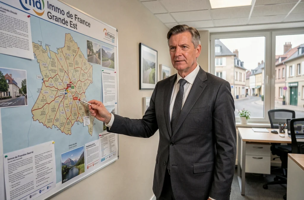 Agent d'Immo de France Est présentant une carte murale du Grand Est avec des repères de propriétés dans une agence immobilière professionnelle