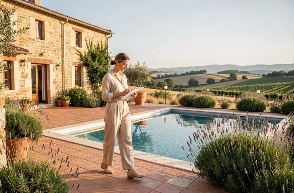 Gestionnaire de Klé Sereine en Provence inspectant un mas avec piscine dans le Pays d'Aix