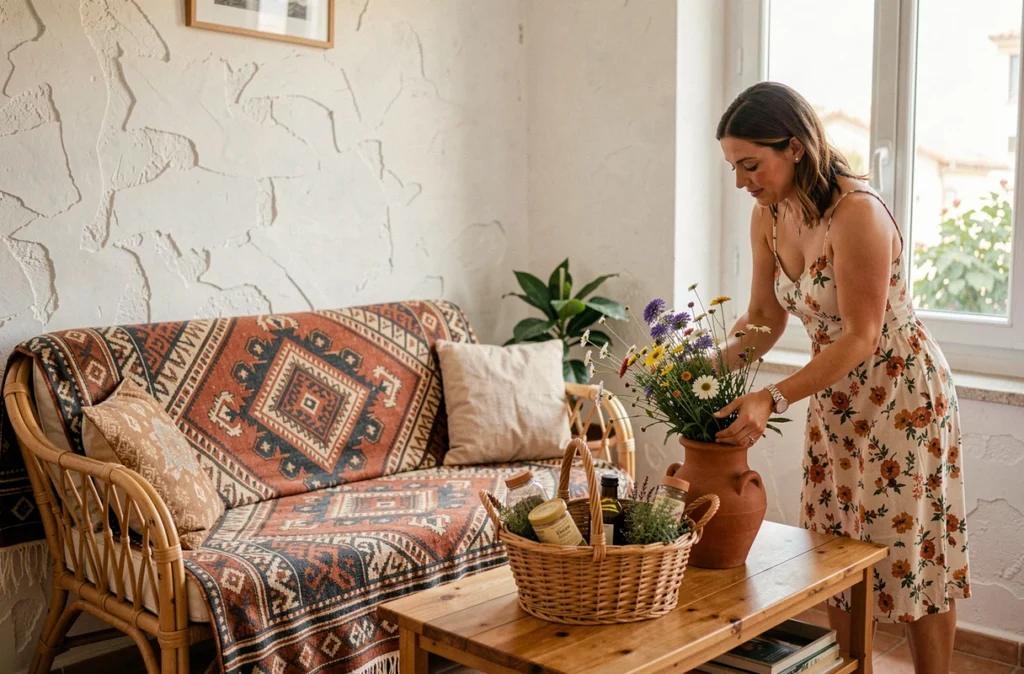 Salon d'un logement Airbnb géré par La Casa Buena à Marseille avec panier de bienvenue provençal