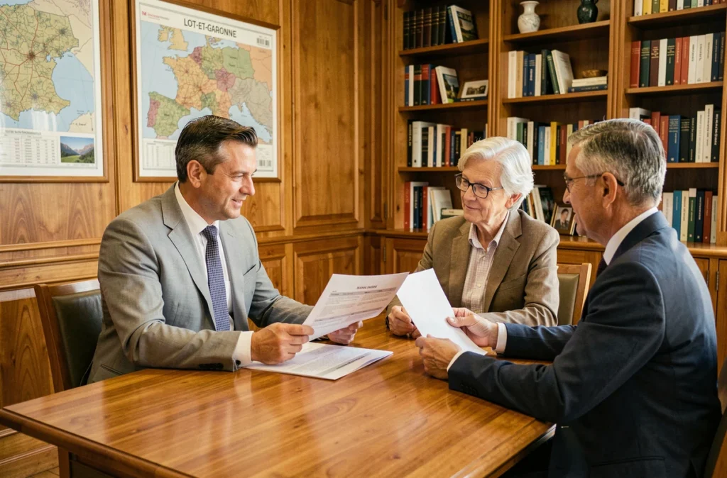 Conseiller de La Tribune Gestion présentant un rapport de gestion à des copropriétaires dans leur agence à Agen
