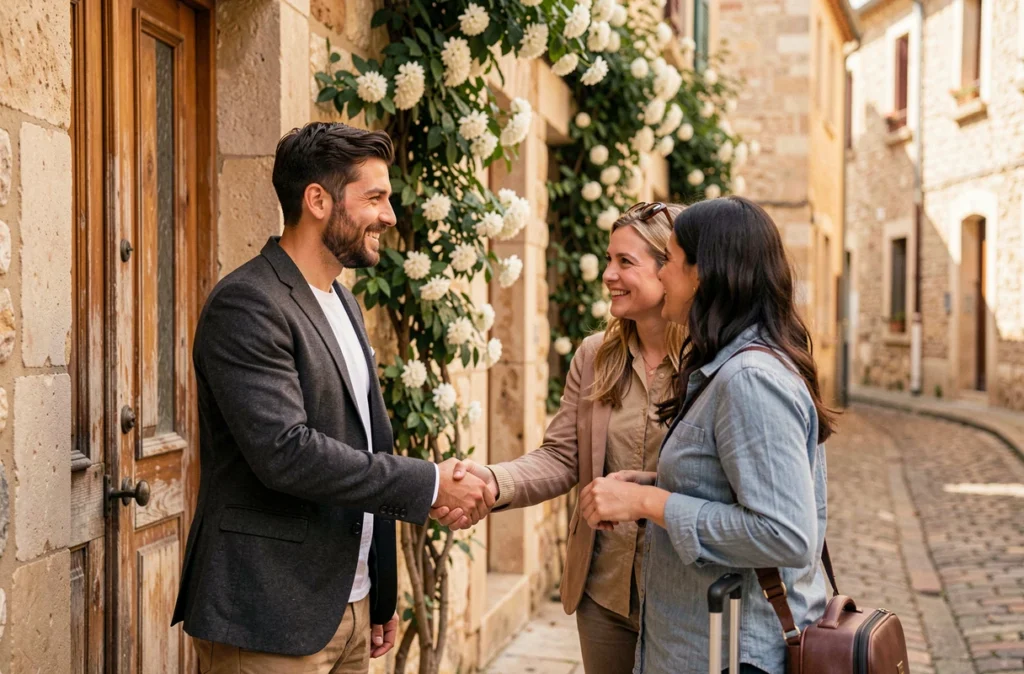 Le Groom Aixois accueillant une famille de voyageurs devant une maison de ville à Aix-en-Provence