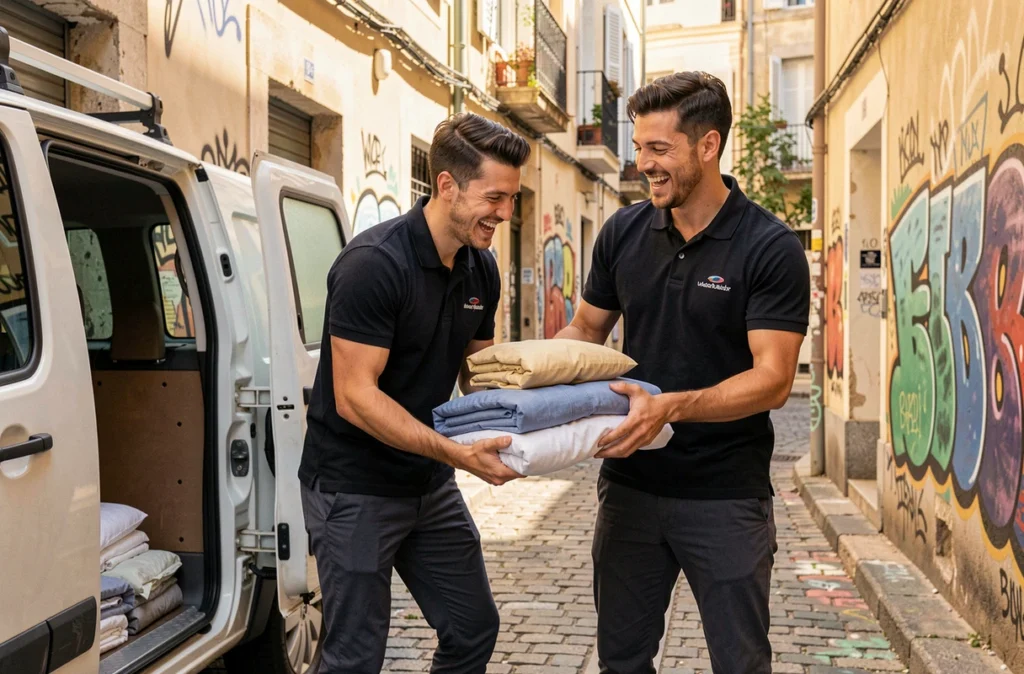 L'équipe des Frères de la Loc' chargeant du linge propre dans leur véhicule de service dans une rue de Marseille
