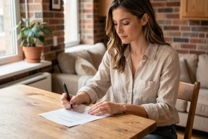 Locataire signant un contrat de location dans un appartement moderne, représentant les obligations d'assurance du locataire