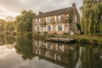Maison en pierre à vendre au bord d'une rivière en France avec reflet dans l'eau et panneau À Vendre