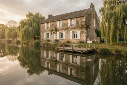 Maison en pierre à vendre au bord d'une rivière en France avec reflet dans l'eau et panneau À Vendre