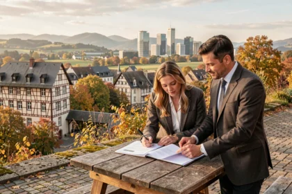 Vue panoramique du Grand Est avec des agents immobiliers professionnels consultant des documents devant un paysage mêlant architecture alsacienne et collines des Vosges