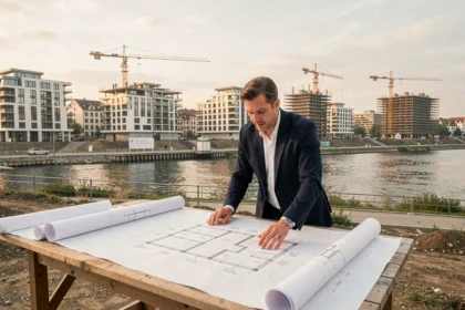 Vue panoramique d'un chantier immobilier moderne à Strasbourg avec un architecte consultant des plans, illustrant le secteur de la promotion immobilière dans le Bas-Rhin