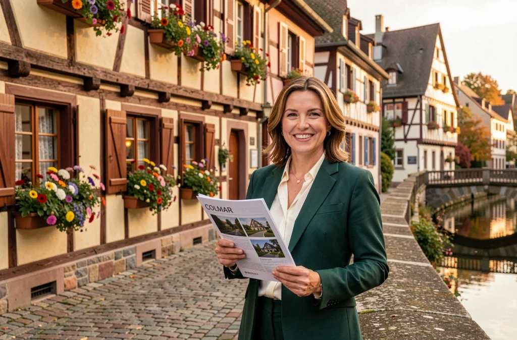 Agente de Nestenn Colmar devant une maison à colombages colorée du quartier alsacien de Colmar avec des brochures immobilières à la main