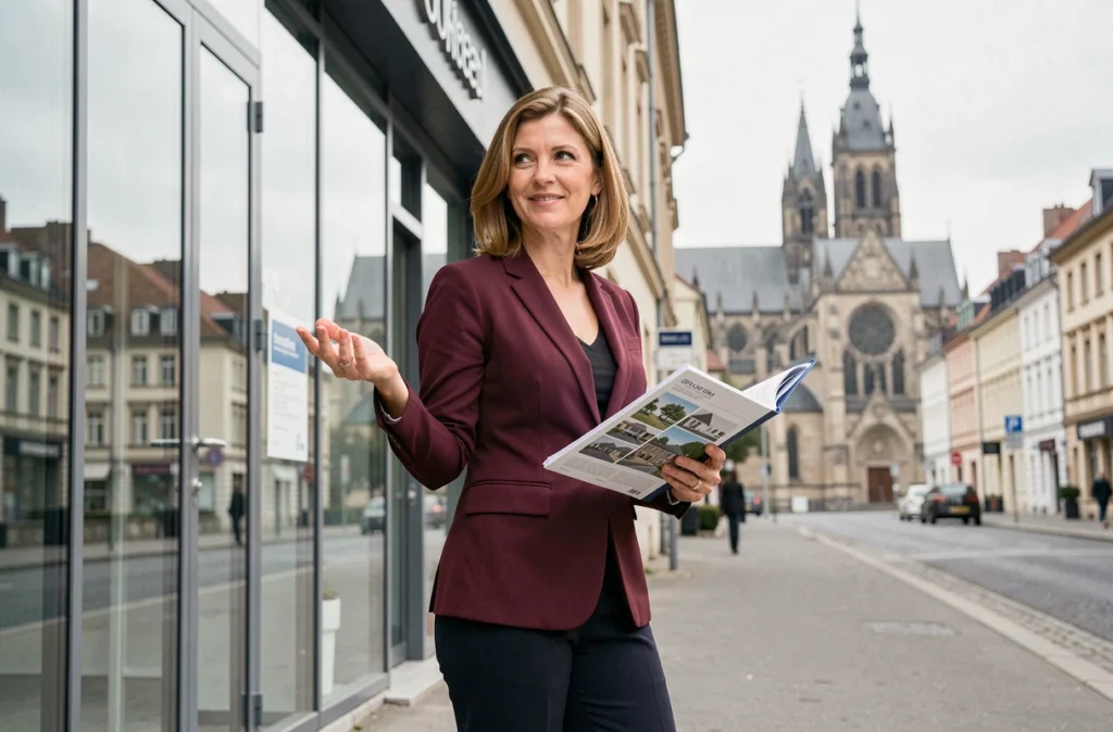 Agente immobilière d'Orpi Metz devant une agence moderne avec la cathédrale Saint-Étienne visible en arrière-plan dans les rues de Metz