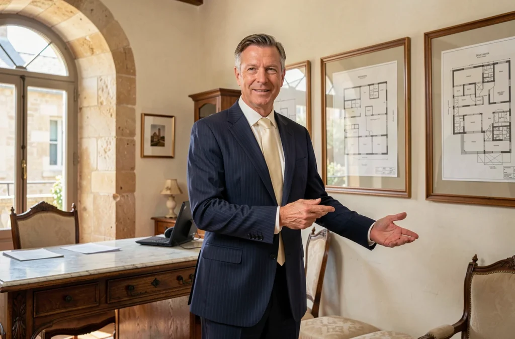 Professionnel de Prestige Immobilier Atlantique dans leur bureau élégant à Saintes, spécialisé en syndic de copropriété
