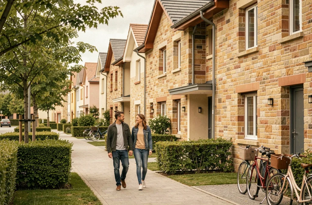 Ensemble résidentiel de maisons neuves aux façades alsaciennes modernisées réalisé par Promogim dans le Bas-Rhin, avec un couple se promenant devant les logements